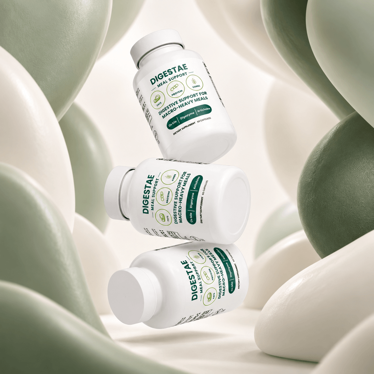 Digestae Meal Support bottles in cream and sage product setting