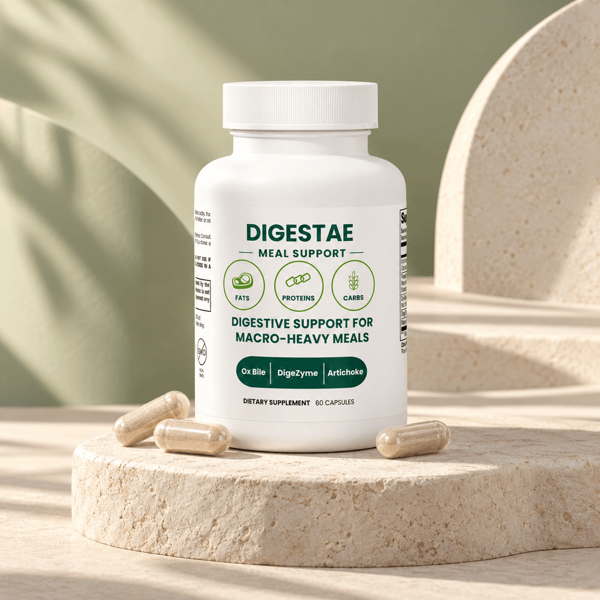 Digestae Meal Support bottle with capsules on stone pedestal